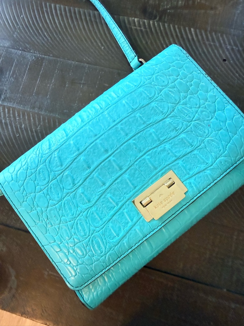kate spade Turquoise Croc-Embossed Shoulder Bag with Gold Hardware